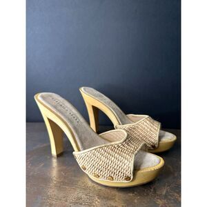Veronica Beard Wood Clog Sandals 7.5 Slide Raffia Retro Boho Cream Tan Layne